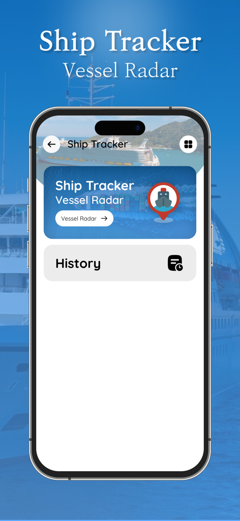 Live Ship Tracker: AIS Radar - Interfaz principal de la aplicación Live Ship Tracker AIS Radar que muestra opciones para el radar de embarcaciones y el historial de seguimiento