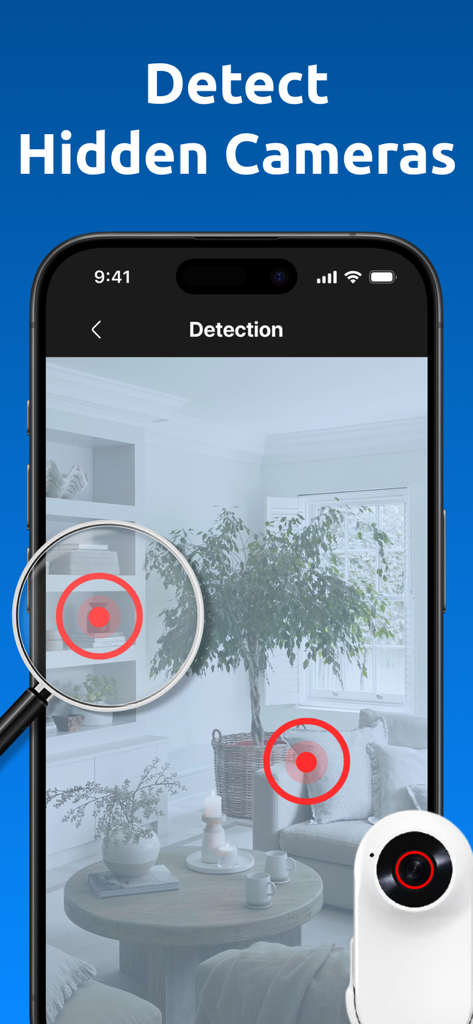 Hidden camera detector app interface showing a room scan with red detection markers.