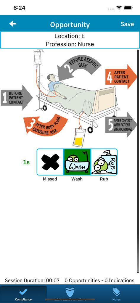 SpeedyAudit - SpeedyAudit app interface showing a patient bed diagram with WHO 5 Moments for Hand Hygiene and auditing options for missed, wash, or rub actions.