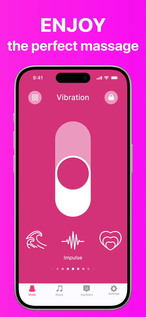 Vibration Massagerㅤ - The main interface of the Vibration Massager app on an iPhone showing vibration controls and impulse mode selection