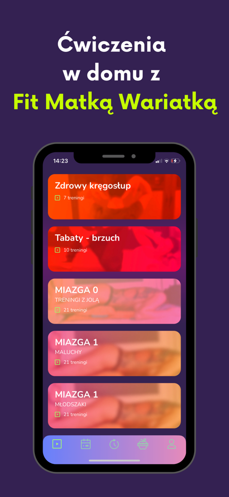 Miazga by FMW app interface showing home exercise modules for women