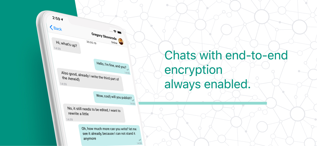 스마트폰의 MilChat 앱 인터페이스, 종단 간 암호화가 활성화된 보안 채팅 표시