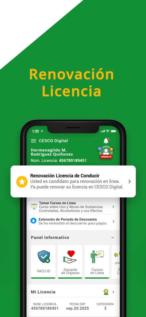Interface of the CESCO Digital app showing a driver license renewal notification in Spanish