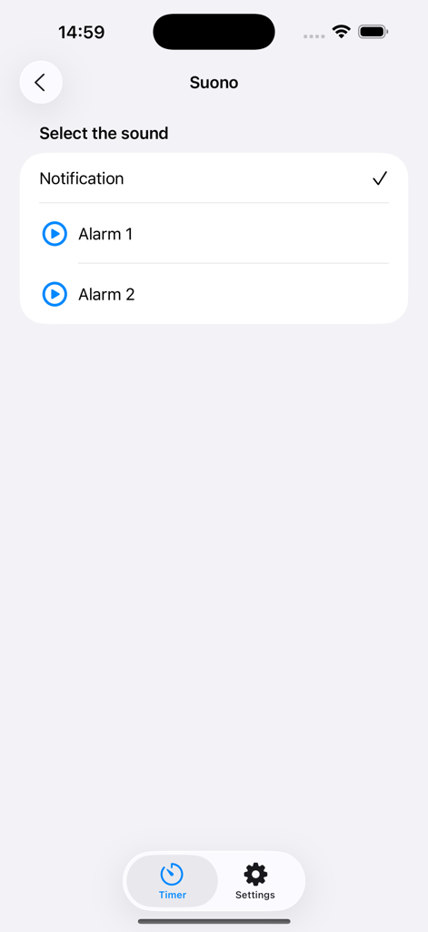 Interfaz de la aplicación Chef Timer que muestra un menú para seleccionar diferentes sonidos de alarma y notificación