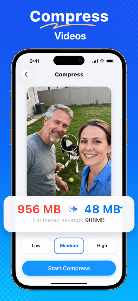 Tidyfoto: Clean Up Storage - Tidyfoto app interface showing video compression feature reducing a large video file to save 908MB of storage space.