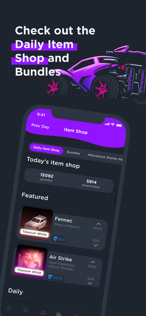 RL Garage for Rocket League - Interfaz de la aplicación RL Garage que muestra la tienda de objetos diaria de Rocket League con objetos destacados como el Fennec Blanco Titanio.