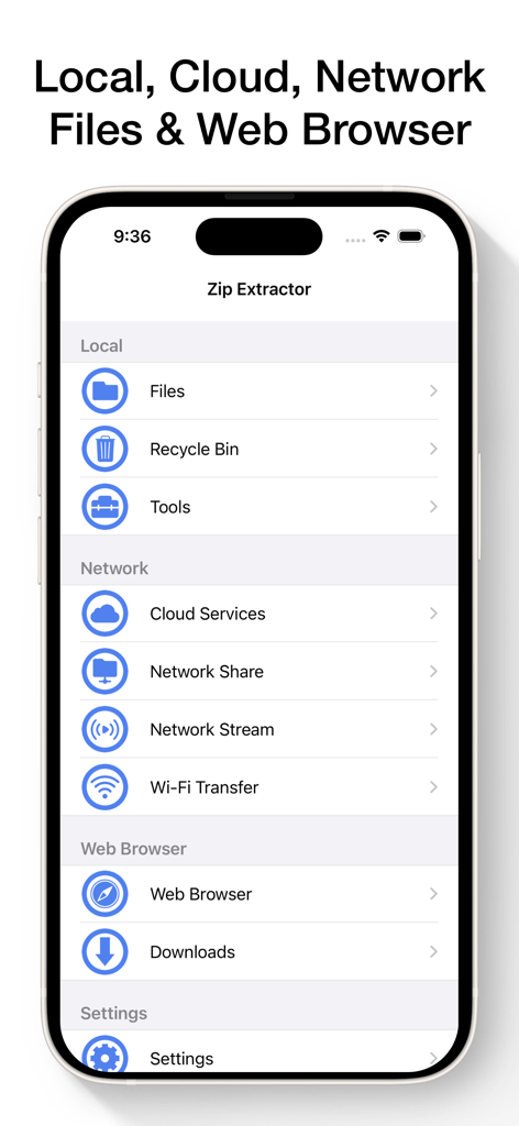 Main menu of the Zip and RAR File Extractor app showing local and cloud file management options