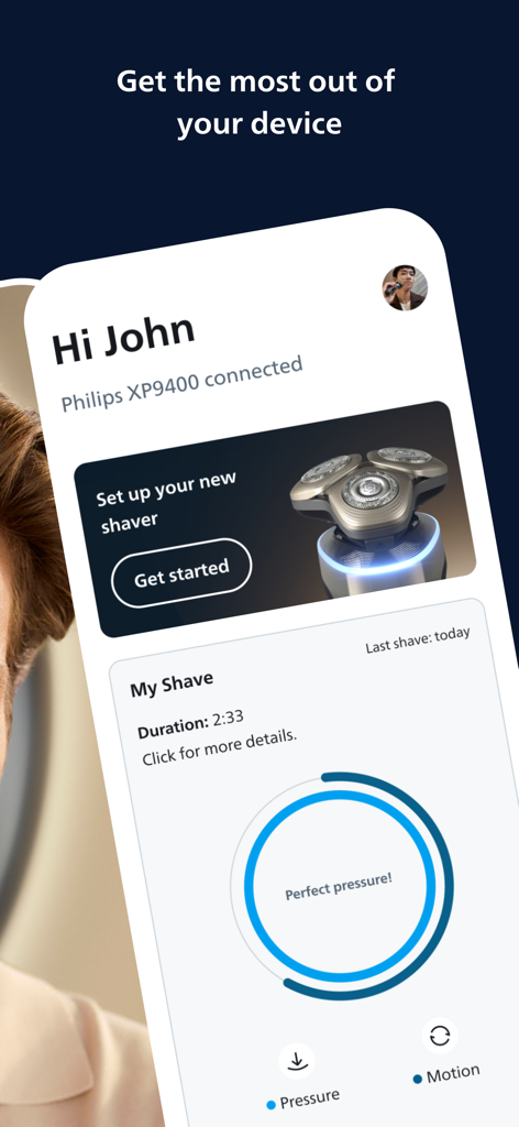 GroomTribe Styling and Shaving - GroomTribe app dashboard showing shaving duration and real-time pressure feedback for a connected Philips shaver.