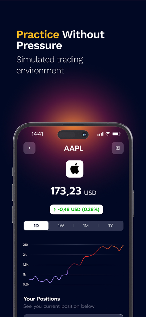 Stock Trading Online - iPhone screenshot of Stock Trading Online app showing a simulated trading environment for Apple stock with a price chart and the text Practice Without Pressure