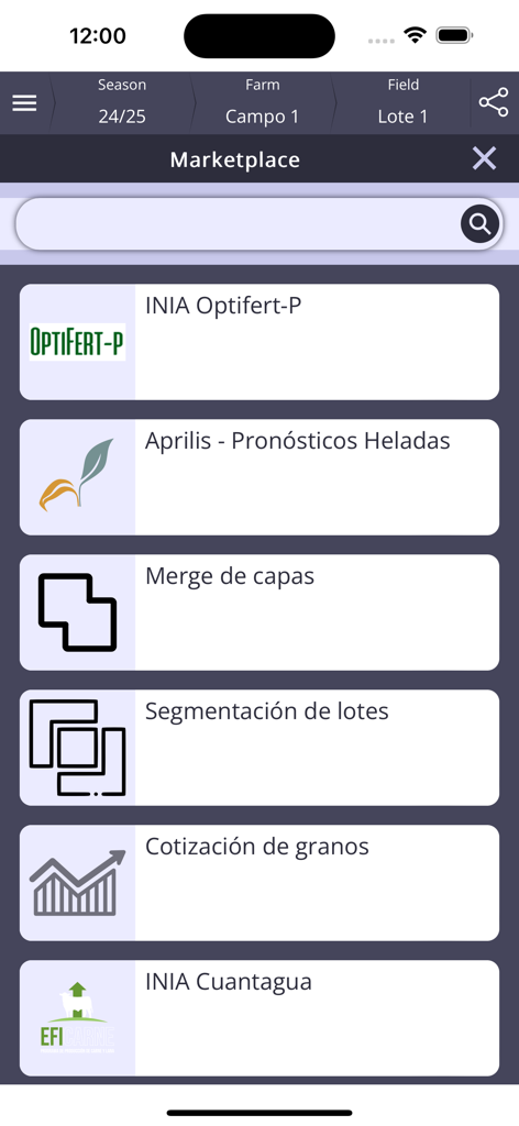 Nufarm - Nufarm app marketplace screen displaying various agricultural extensions and data tools
