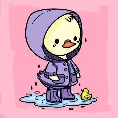 baby duck in a rain coat and boots, in a puddle while it’s raining