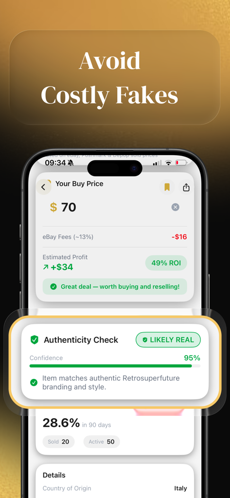 Thriftly: Profit Identifier - Thriftly app screen showing authenticity verification and a profit calculator with ROI for reselling items