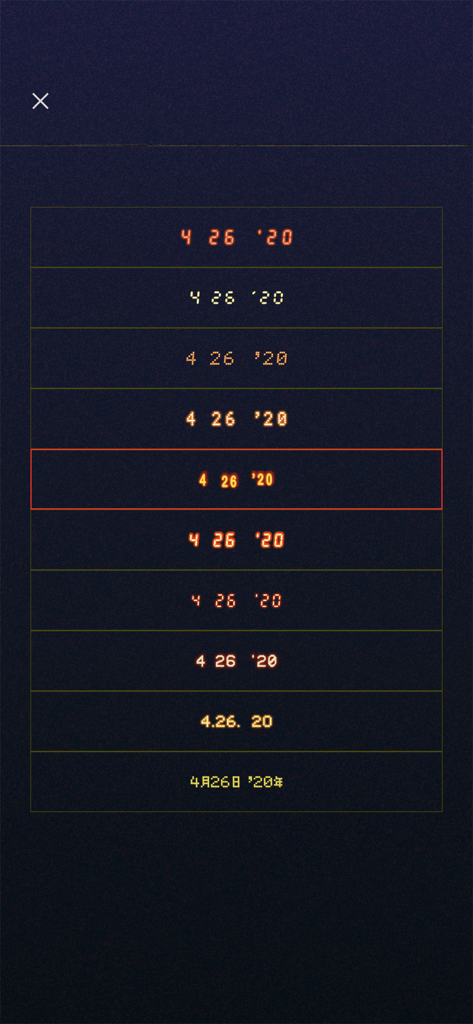 Filmlike Date Stamp - Un écran de sélection montrant différents styles de tampons de date d'appareil photo argentique numérique rétro orange.