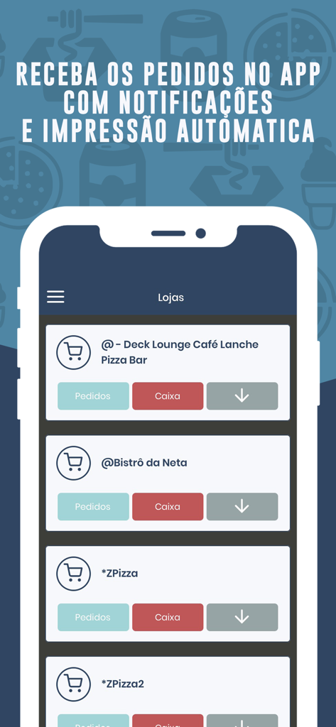 InstaDelivery Lojista interface displaying a list of restaurants with buttons for orders and checkout