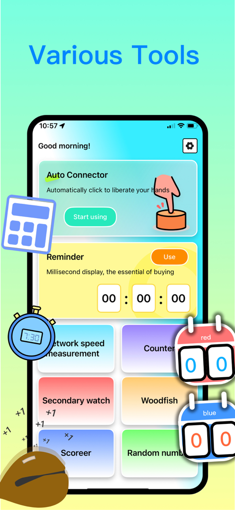 Auto Clicker - Automatic Click - Auto ConnectorやScorerなどのさまざまな生産性およびゲームツールを表示するAuto Clickerアプリのインターフェイス。
