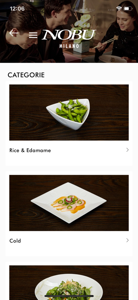 Nobu Milano - Nobu Milano mobile app interface displaying Japanese food categories with elegant dish photography