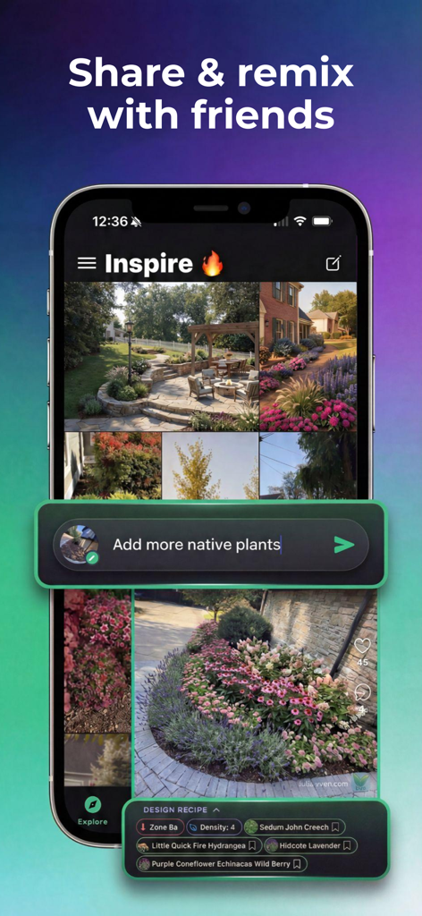 Sow: Garden & Landscape Design - Interface de l'application Sow montrant un flux d'inspiration pour la conception de jardins avec des fonctionnalités de partage et de remixage communautaires