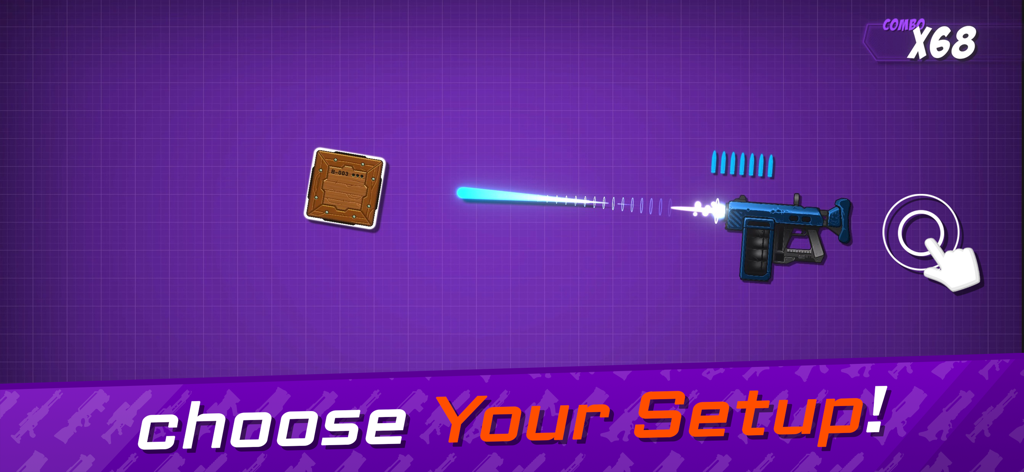 Shoot the Box: Gun Game - 액션 게임 Shoot the Box에서 나무 상자를 쏘는 파란색 레이저 총