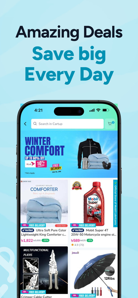 Cartup: Online Shopping - Interface of the Cartup online shopping app displaying daily deals, winter comfort items, and various products with local payment options like bKash.