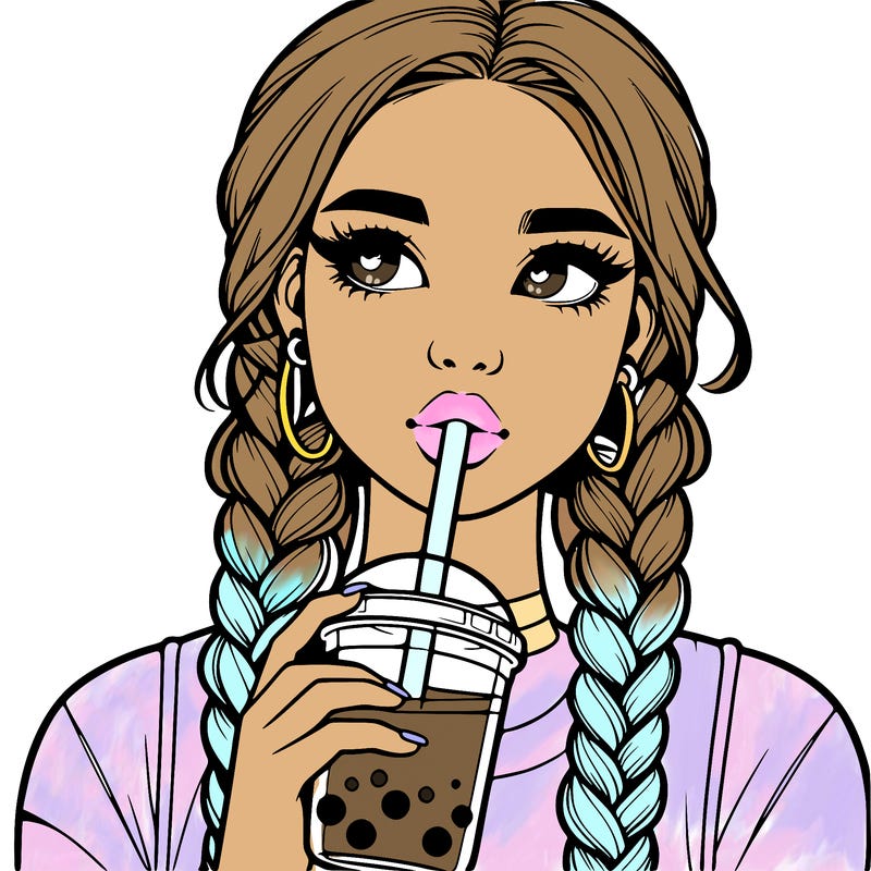 realistic girl with braided hair drinking boba