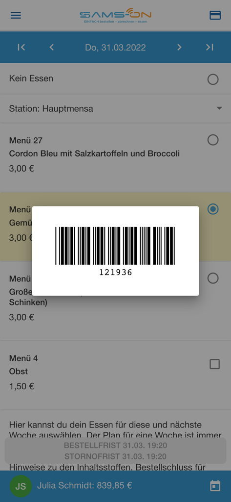 Interfaz de la aplicación SAMS-ON que muestra las opciones de comidas de la cafetería y un código de barras digital escaneable