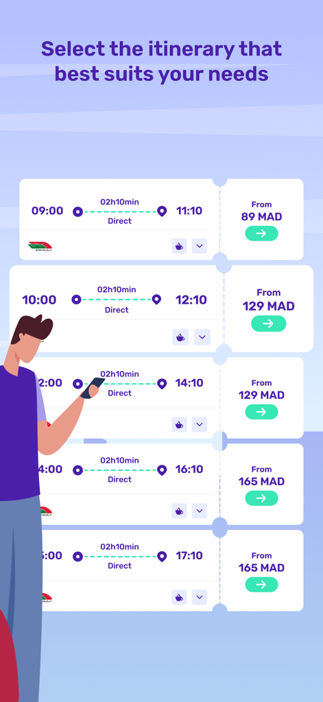 ONCF Voyages - Pantalla de la app ONCF Voyages que muestra itinerarios de tren con horarios y precios en Dirhams marroquíes