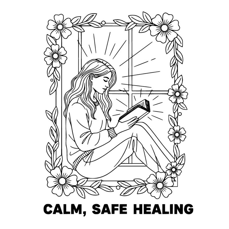 peaceful woman, sitting by a window, reading bible. flowing hair, comfy clothes, soft rays of light, flowers and leaves around. words: calm, safe, healing. clean line art for coloring