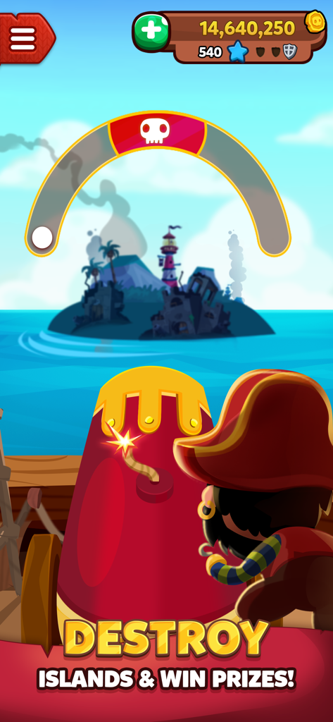 A pirate aiming a cannon at an island in Pirate Kings mobile game