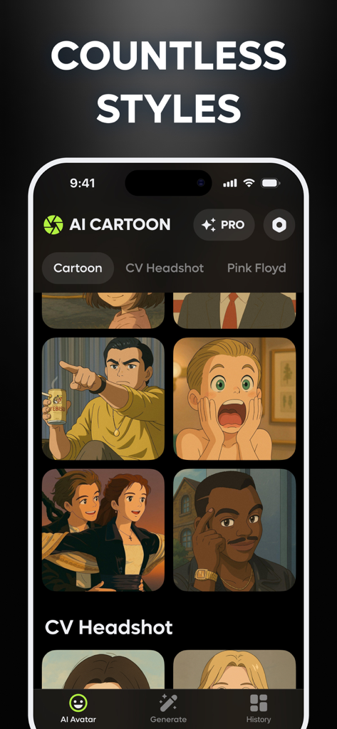 AI Cartoon Effect Anime Maker - Una pantalla de smartphone que muestra la interfaz de la aplicación AI Cartoon con varias opciones de filtros de anime y dibujos animados