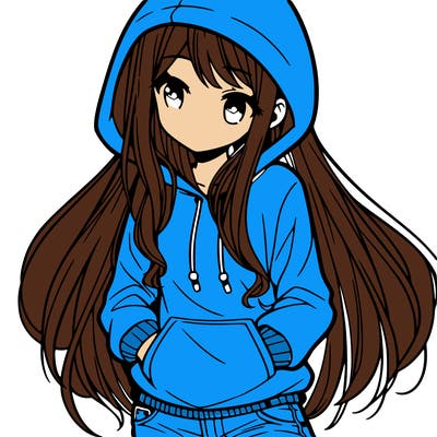 simple manga girl with a hoodie, long hair, and jeans