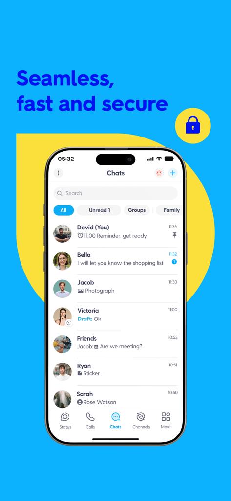 A screenshot of the BiP messenger app interface displaying a list of chats with the slogan Seamless fast and secure and a privacy lock icon