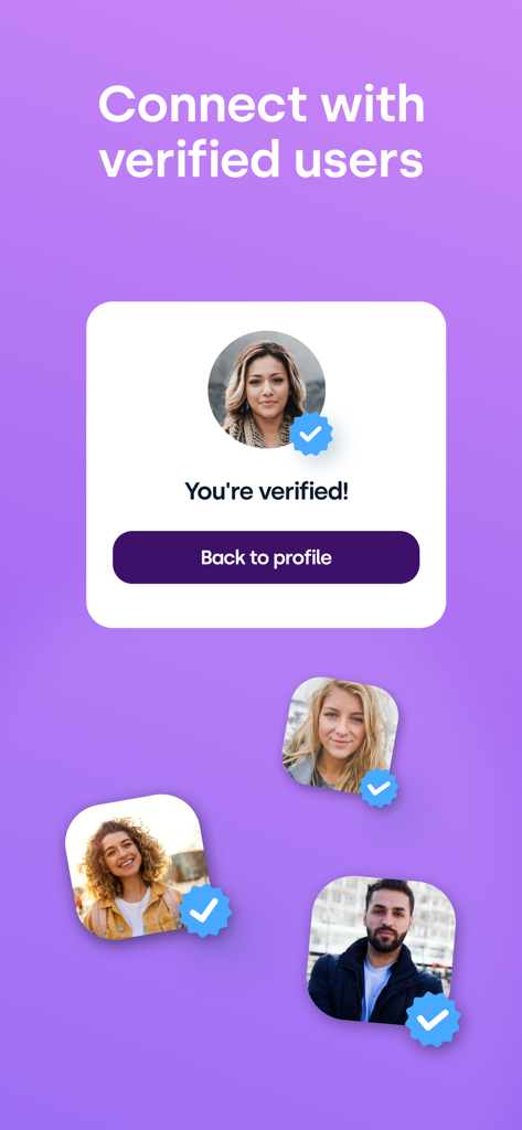 CSL app screen highlighting verified user profiles with blue checkmarks for safety.