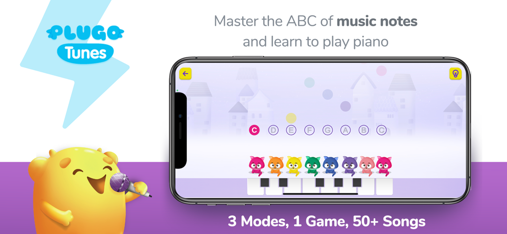 Interface de l'application d'apprentissage musical Plugo Tunes montrant des touches de piano interactives et des notes pour enfants