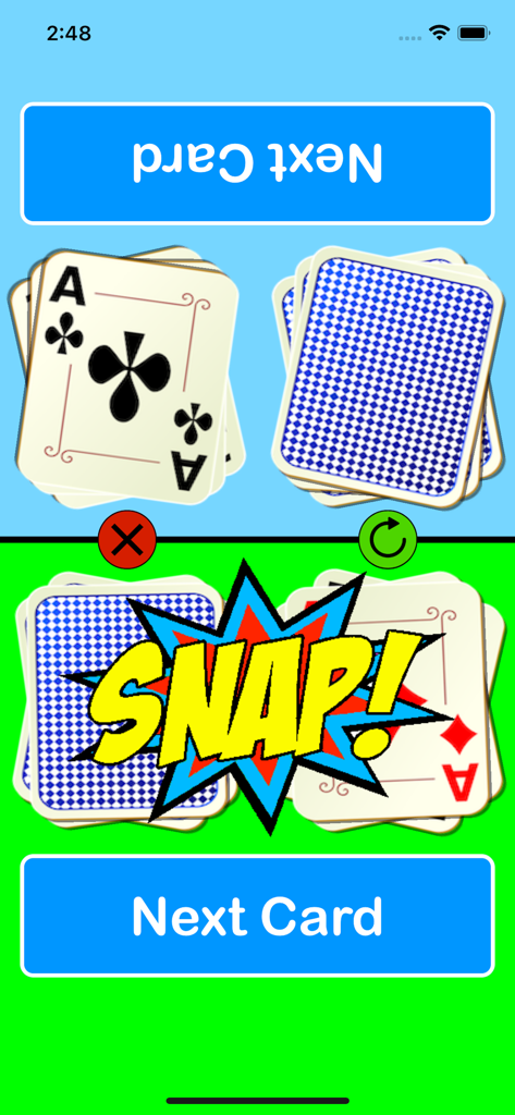 Snap - Classic Card Game - Multiplayer-Gameplay-Bildschirm des Snap-Kartenspiels, der eine lebendige SNAP-Warnung auf einer geteilten Benutzeroberfläche zeigt