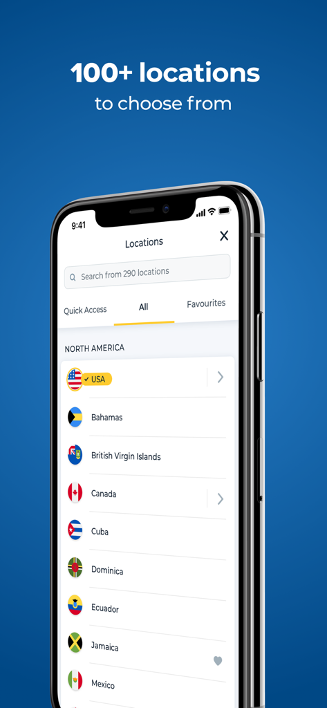 HMA Hotspot VPN & Proxy - A smartphone screen displaying the HMA VPN app's list of global server locations including USA and Canada.