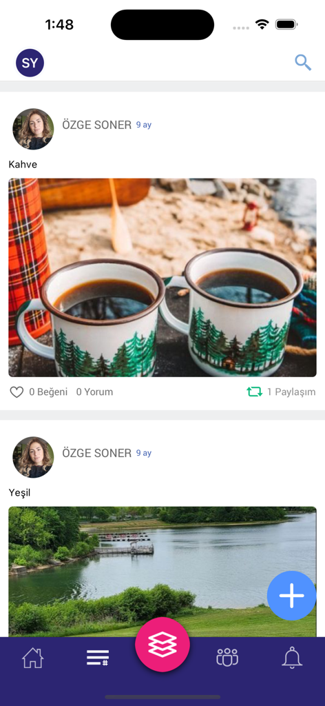 Social collaboration feed in the EKIP mobile app showing posts from healthcare professionals with interaction icons
