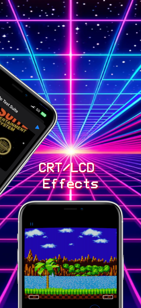 Provenance EMU App-Screenshot, der CRT- und LCD-visuelle Filter auf einem iPhone über einem Retro-Synthwave-Hintergrund zeigt.