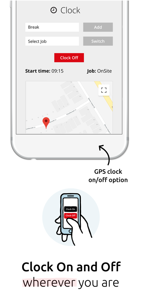 Microkeeper app interface for mobile clocking on and off with GPS map