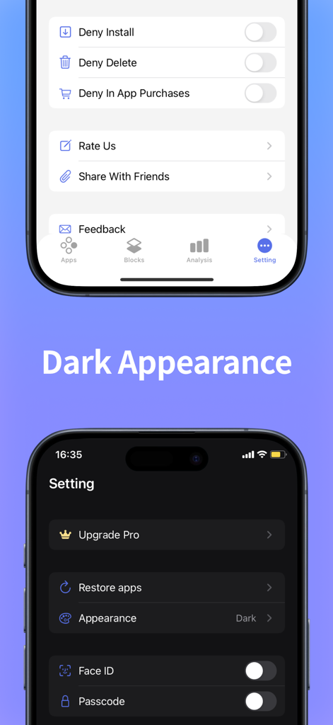 Screen Time Control - App Lock - Screen Time Control app interface showing light and dark mode settings for app restrictions and security.