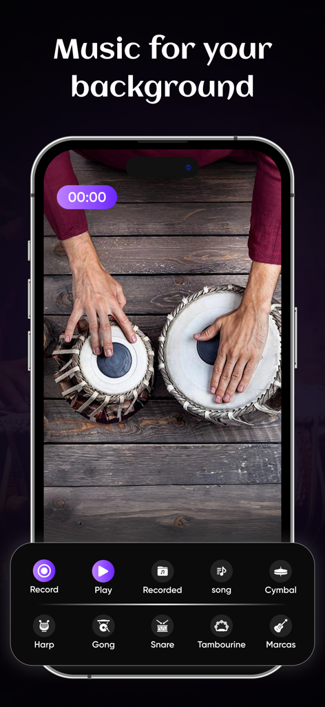 Real Tabla : AI Music Maker - Interfaz de la aplicación Real Tabla AI Music Maker mostrando manos tocando baterías de tabla virtuales con controles de grabación e instrumentos