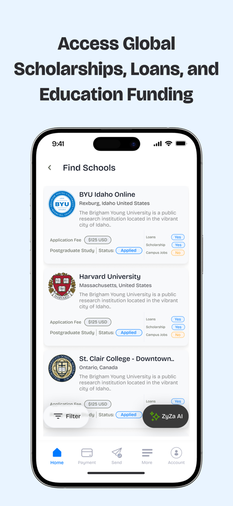 Radius (formerly Pay4Me App) - Radius app screen for finding schools and accessing global scholarships and education funding
