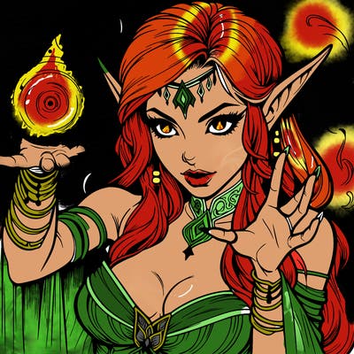 realistic scary beautiful elf sorceress casting spell