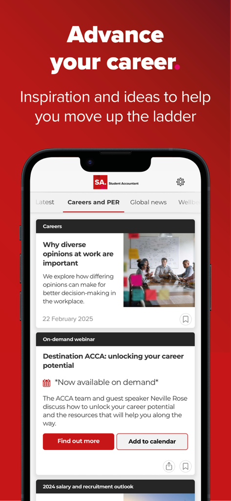 ACCA Student Accountant - ACCA Student Accountant app screen featuring career advice articles and professional development webinars