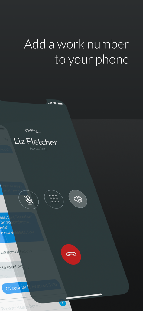 String — Modern Phone Inbox - A smartphone showing the String app call interface with the text Add a work number to your phone and an incoming business call from Liz Fletcher at Acme Inc.