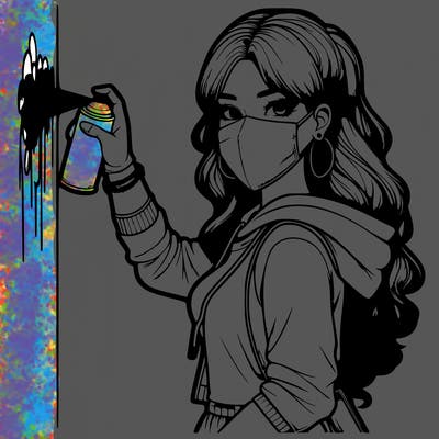 realistic girl with mask spray painting a wall