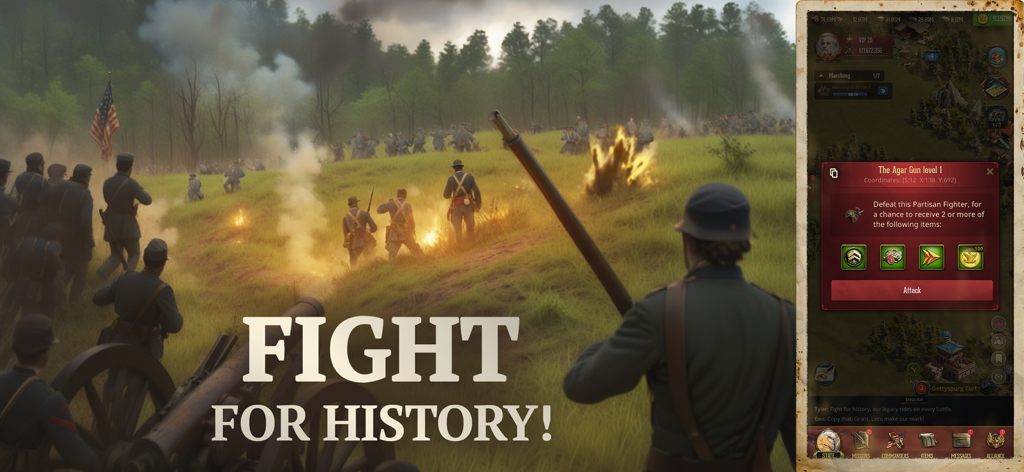 War and Peace: Civil War - Cinematic battle scene from the War and Peace Civil War strategy game with soldiers and a cannon