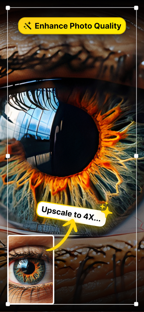 AI Upscaler - Image Enhancer - 저해상도 눈과 4배 AI 업스케일링된 고해상도 클로즈업 비교