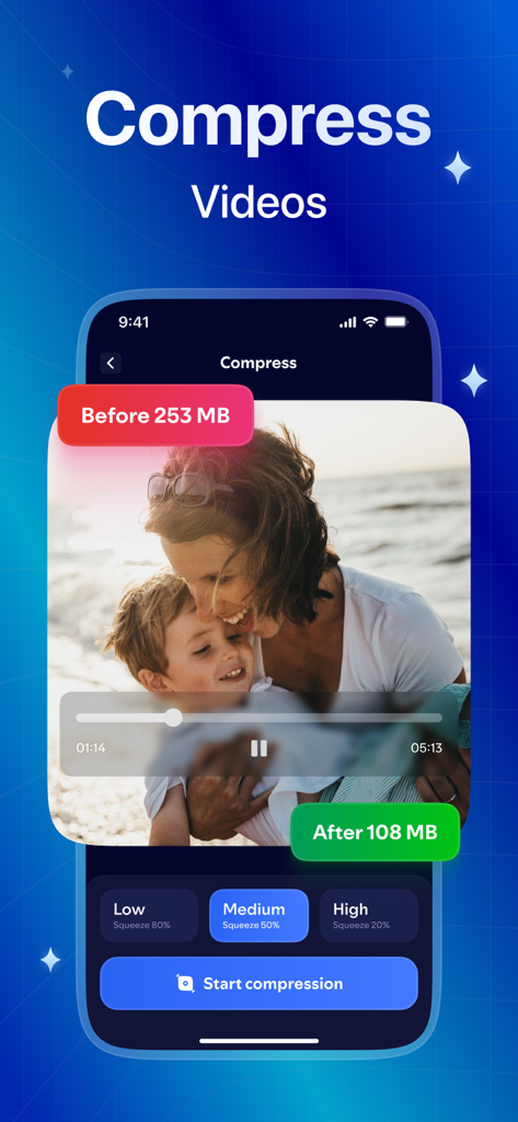 Cleaner Rocket - Cleaner Rocket app interface for compressing videos to save iPhone storage space
