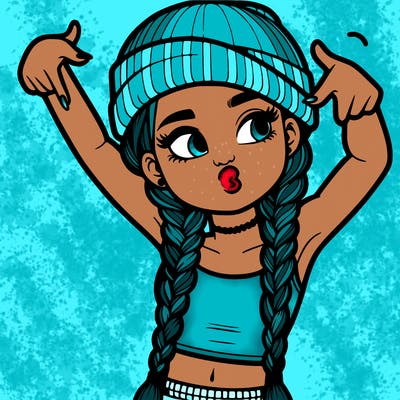 realistic teenage girl with braids and a beanie and crop top doing 🫶🏼