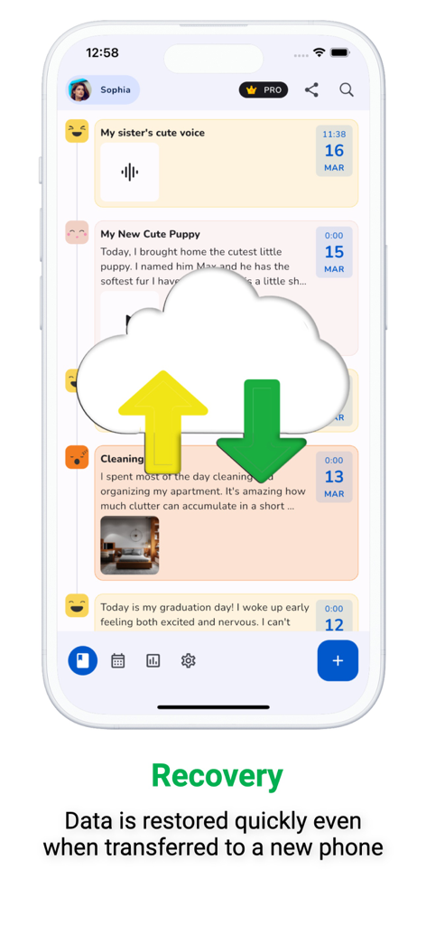 Diary with Lock, Photo, Video - Cloud recovery feature in a digital diary app showing data restoration to a new phone